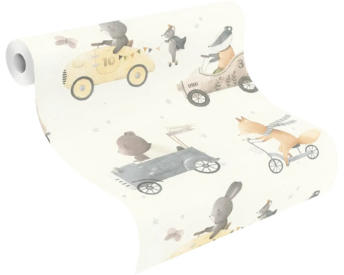 Behangrol met dierenfiguren in auto's en op fietsen