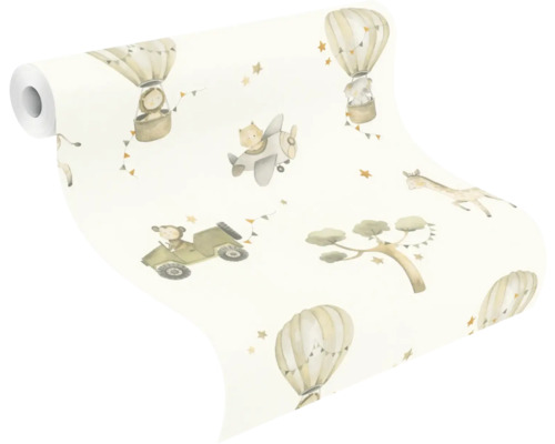 Behangrol met dierenmotieven zoals luchtballonnen, vliegtuigen en jeeps