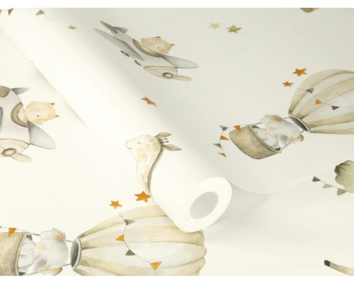 Behangrol met diermotieven zoals olifanten, giraffen, beren en vliegtuigen voor kinderkamer
