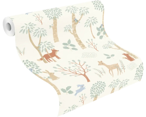 Rol behang met bosmotief, inclusief bomen, vossen, hazen en herten