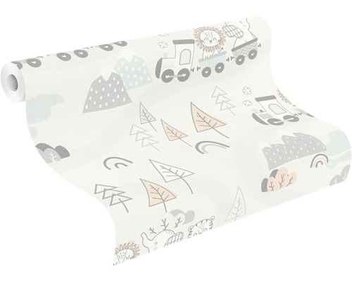 Rol behang met kinderlijk patroon van treinen, bergen en bomen