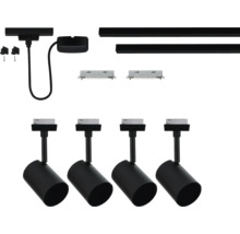 Railsysteem met vier spots, voeding en verbindingsstukken