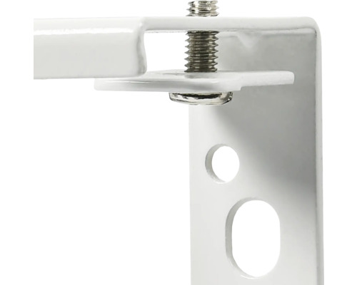 Gedetailleerde afbeelding van een witte gordijnroedebeugel met schroef