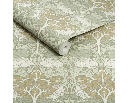 Rol behang met vogel-, konijn- en boommotief