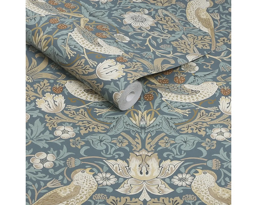 Behang met vogel-, bloem- en aardbeienmotief