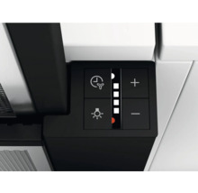 Bedieningspaneel van een afzuigkap met symbolen voor timer, ventilator, verlichting en plus- en mintekens