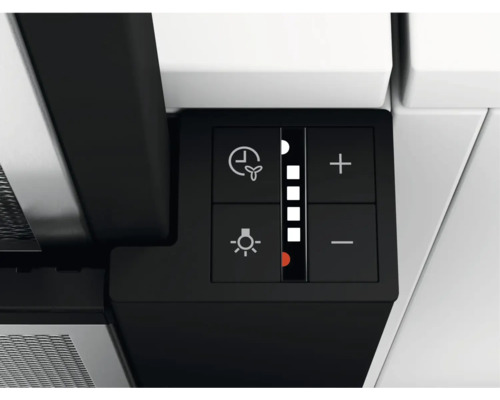 Bedieningspaneel van een afzuigkap met symbolen voor timer, ventilator, verlichting en plus- en mintekens