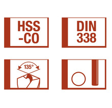 HSS-CO boor symbool, DIN 338 norm, 135 graden boorpunt, boordiameter symbool