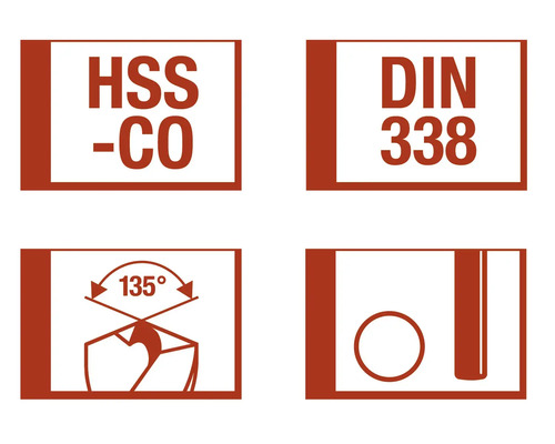 HSS-CO boor symbool, DIN 338 norm, 135 graden boorpunt, boordiameter symbool