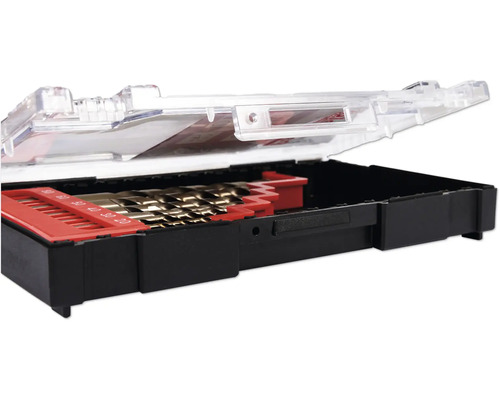 Boorset in geopende kunststof koffer