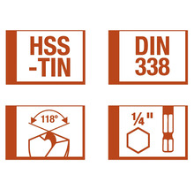 Symbolen voor HSS-TiN, DIN 338, 118 graden en 1/4 inch