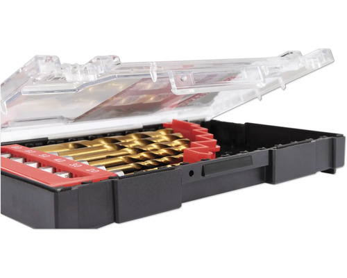 Boorset in geopende kunststof koffer