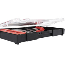 Boorset met verschillende boren in een zwarte kunststof koffer met transparant deksel.