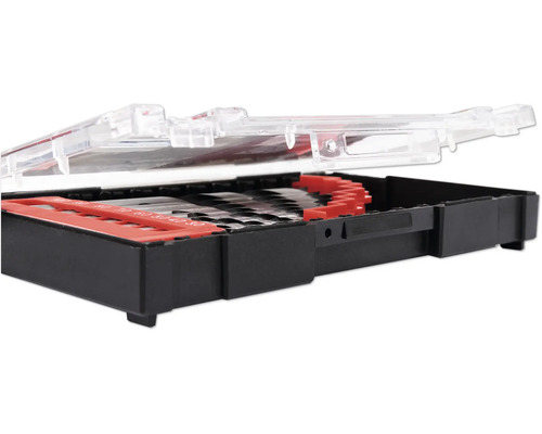 Boorset met verschillende boren in een zwarte kunststof koffer met transparant deksel.