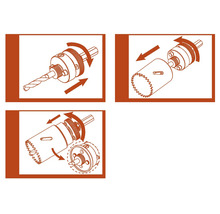Illustratie van een gatenzaag met boor en bevestiging