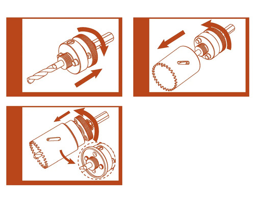 Illustratie van een gatenzaag met boor en bevestiging