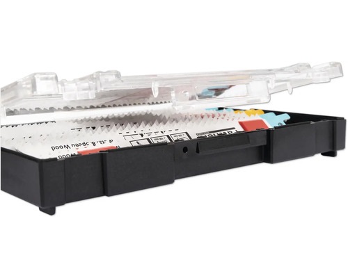 Set decoupeerzaagbladen in een transparante kunststof koffer