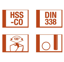 Symbolen voor boren: HSS-CO, DIN 338, tophoek van 135 graden, boordiameter