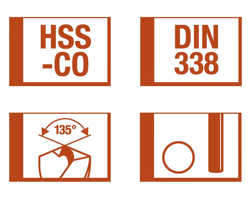 Symbolen voor boren: HSS-CO, DIN 338, tophoek van 135 graden, boordiameter