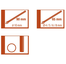 Pictogrammen voor glasboor met informatie over diameter en lengte