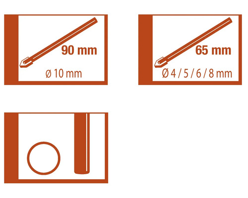 Pictogrammen voor glasboor met informatie over diameter en lengte