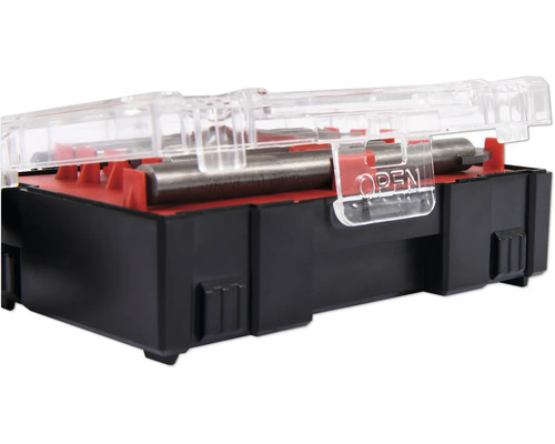 Boorset in zwarte kunststof doos met transparant deksel