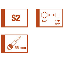 Informatie over schroevendraaierbit S2, 1/4 inch en 55 mm lengte