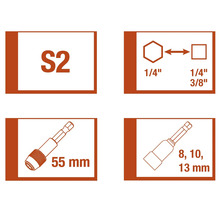Informatie over S2 staal, ¼-inch zeskantopname, ¼-inch en 3/8-inch vierkantopname, evenals de 55 millimeter lange bithouder en de dopsleutelinserts van 8, 10 en 13 millimeter