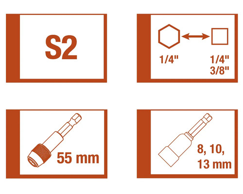 Informatie over S2 staal, ¼-inch zeskantopname, ¼-inch en 3/8-inch vierkantopname, evenals de 55 millimeter lange bithouder en de dopsleutelinserts van 8, 10 en 13 millimeter