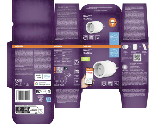 Verpakking van een Osram Smart Plus EU Zigbee stekker met energiemeter