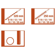 Informatie over houtboren met de afmetingen 320 mm en 250 mm, en diameters van 10, 12, 14, 16, 18 en 20 mm.