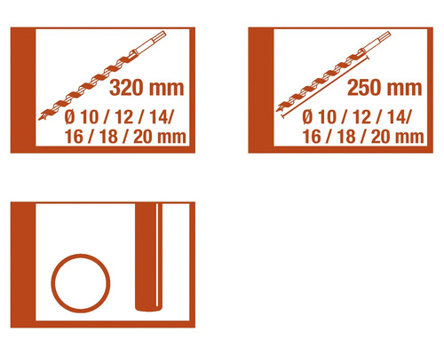 Informatie over houtboren met de afmetingen 320 mm en 250 mm, en diameters van 10, 12, 14, 16, 18 en 20 mm.