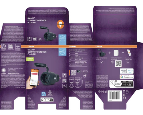 Verpakking van een Osram Smart+ compacte buitenstekker met technische details