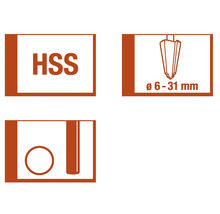 HSS-symbool voor gereedschap van sneldraaistaal, diameterbereik van 6 tot 31 millimeter, symbool voor het boren van gaten