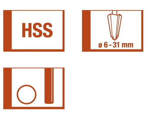 HSS-symbool voor gereedschap van sneldraaistaal, diameterbereik van 6 tot 31 millimeter, symbool voor het boren van gaten