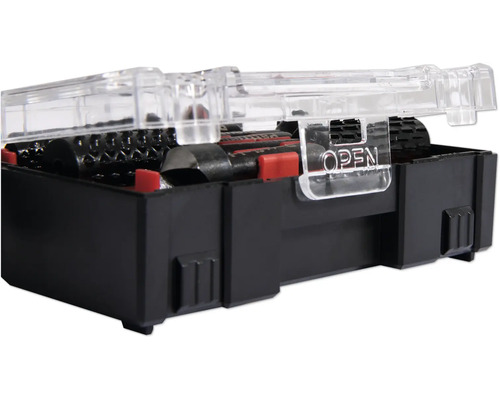Gereedschapsset met zwarte behuizing en doorzichtige deksel