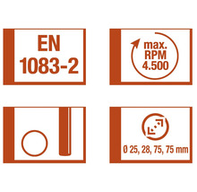 EN 1083-2 norm, maximaal toerental 4500 omwentelingen per minuut, diameter 25, 28, 75, 75 millimeter