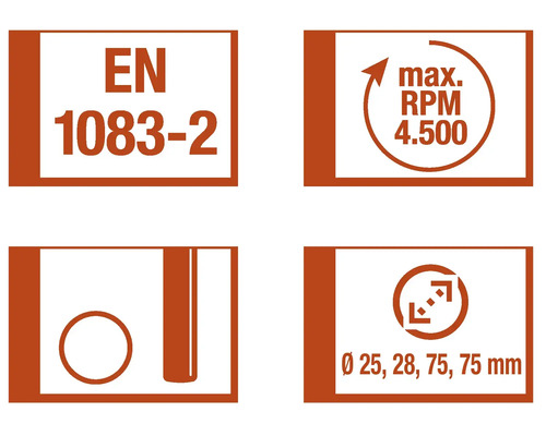 EN 1083-2 norm, maximaal toerental 4500 omwentelingen per minuut, diameter 25, 28, 75, 75 millimeter