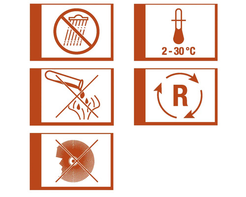 Pictogrammen: Beschermen tegen vocht, opslagtemperatuur 2 tot 30 graden, corrosief, recycling en oogbescherming dragen