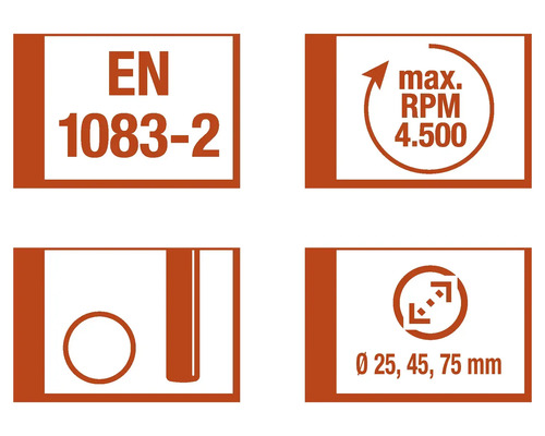 EN 1083-2 norm, maximaal toerental 4500 tpm, diameter 25, 45, 75 millimeter