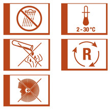 Symbolen voor productopslag en -behandeling: Beschermen tegen regen, opslagtemperatuur 2 tot 30 graden, niet in de riolering laten lopen, recycling, oogbescherming dragen