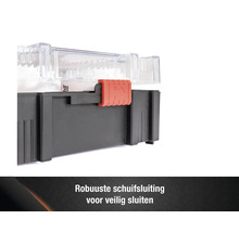 Detailopname van een gereedschapskoffer met transparant deksel en schuifsluiting