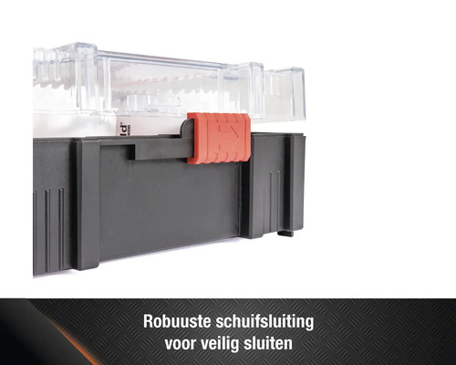 Detailopname van een gereedschapskoffer met transparant deksel en schuifsluiting