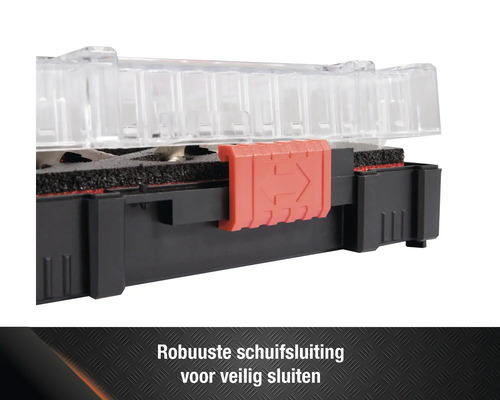 Detailweergave van een gereedschapskoffer met schuifsluiting