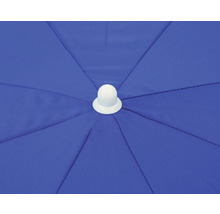 Gedetailleerde opname van een blauw parasoldoek met witte top