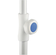 Detailopname van een wit douchestangelement met blauwe knop