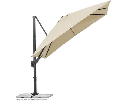 Vrijhangende parasol met voet en beige parasoldoek