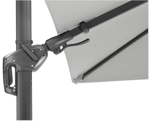 Detailopname van een parasol met slinger mechanisme voor eenvoudige bediening.