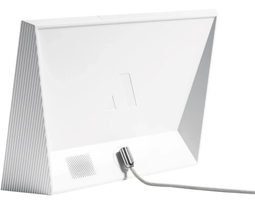 Achteraanzicht van een witte tafellamp met grijze kabel