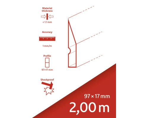 Technische tekening van een profiel: materiaaldikte minder dan 1,1 mm, nauwkeurigheid 1 mm per meter, profielafmetingen 97 x 17 mm, schokbestendig en 2,00 m lang.